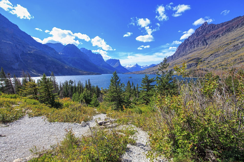 Wild Goose Island and St Mary's Lake in Glacier National Park Montana.